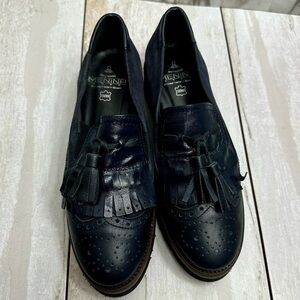 Navy Blue Leather Suede Brogue Tassel Slip On Loafers Preppy Academic Classic